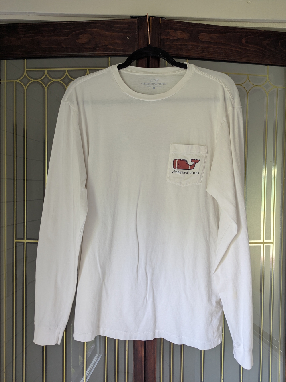 Vineyard Vines Men's White Long-Sleeve Pocket Tee with Football Whale Logo